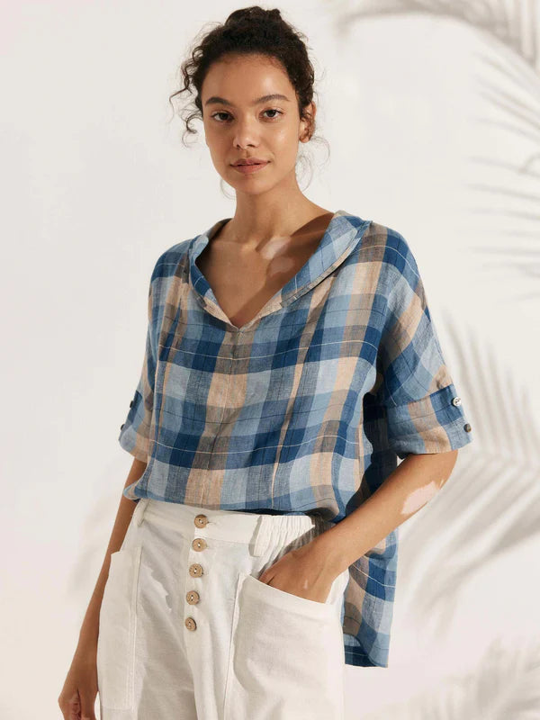 Camisa de Lino 100% Cuello en V Manga Corta SIERRA