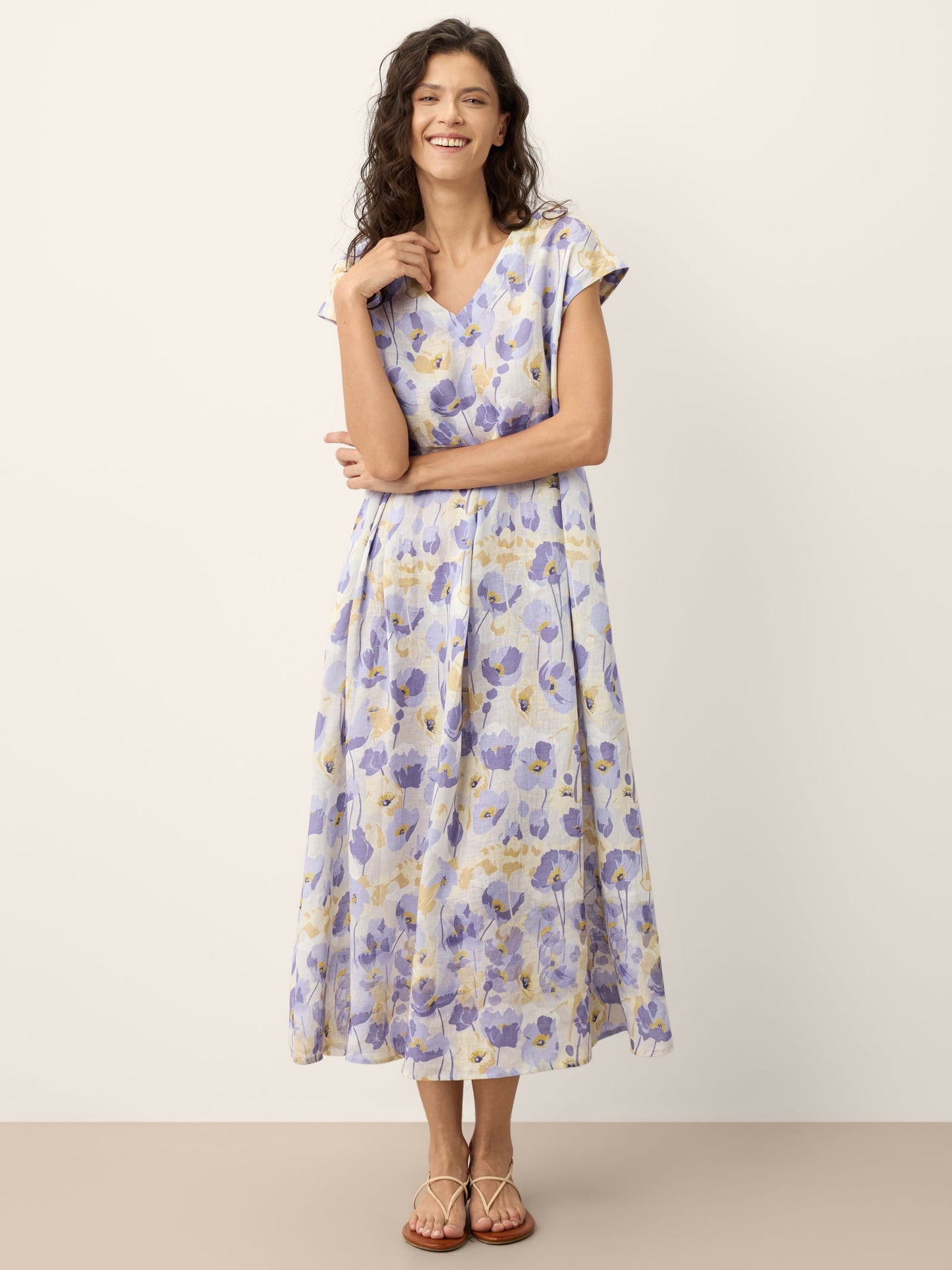 Vestido Maxi de Lino 100% Cintura Festoneada Estampado Claveles HARRIET
