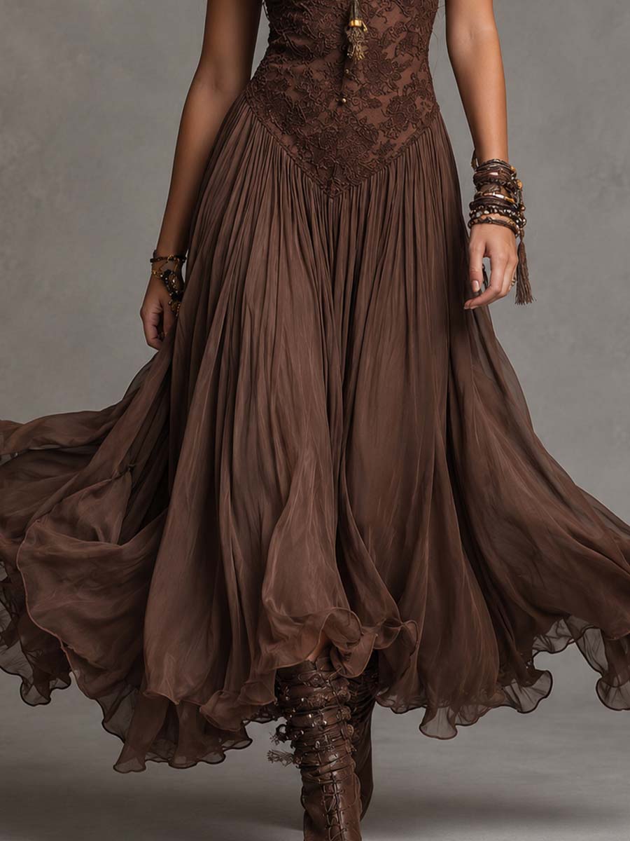 Vestido maxi corsé de encaje y chifón marrón oscuro