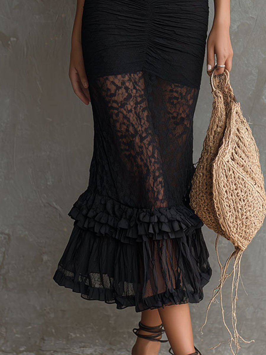 Vestido midi negro de encaje transparente con cuello halter, romántico y bohemio