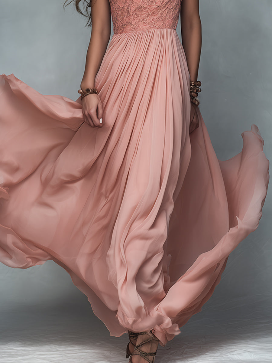 Vestido maxi bohemio de un solo hombro con paneles de encaje, plisado y silueta en A
