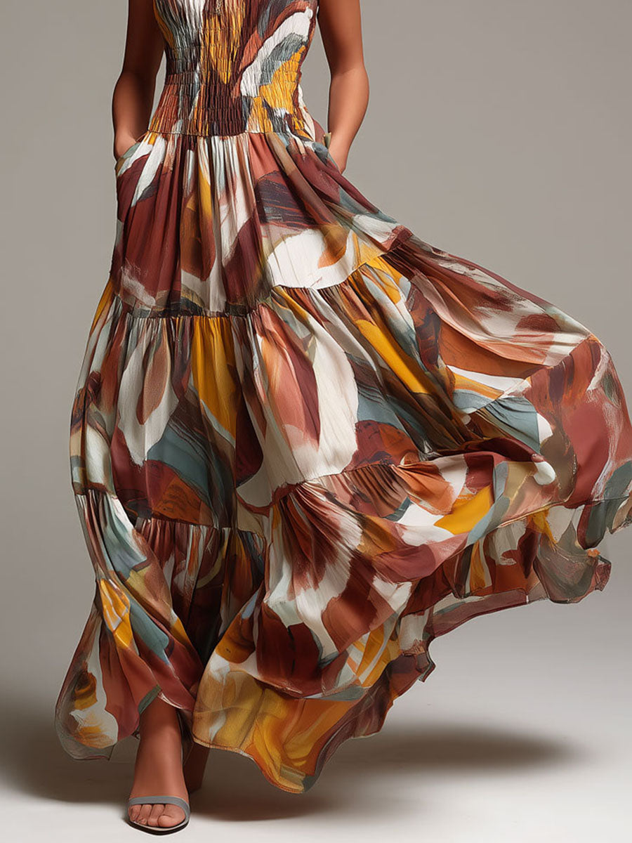 Vestido maxi bohemio con cuerpo fruncido y estampado abstracto multicolor