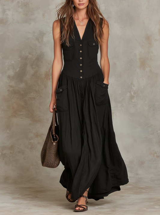 Vestido maxi de algodón con bolsillo de solapa de estilo retro