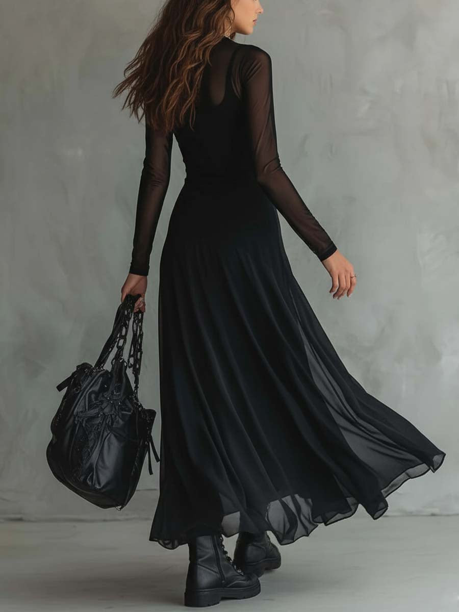 Vestido maxi con mangas transparentes de estilo retro
