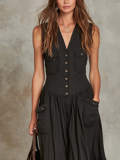 Vestido maxi de algodón con bolsillo de solapa de estilo retro