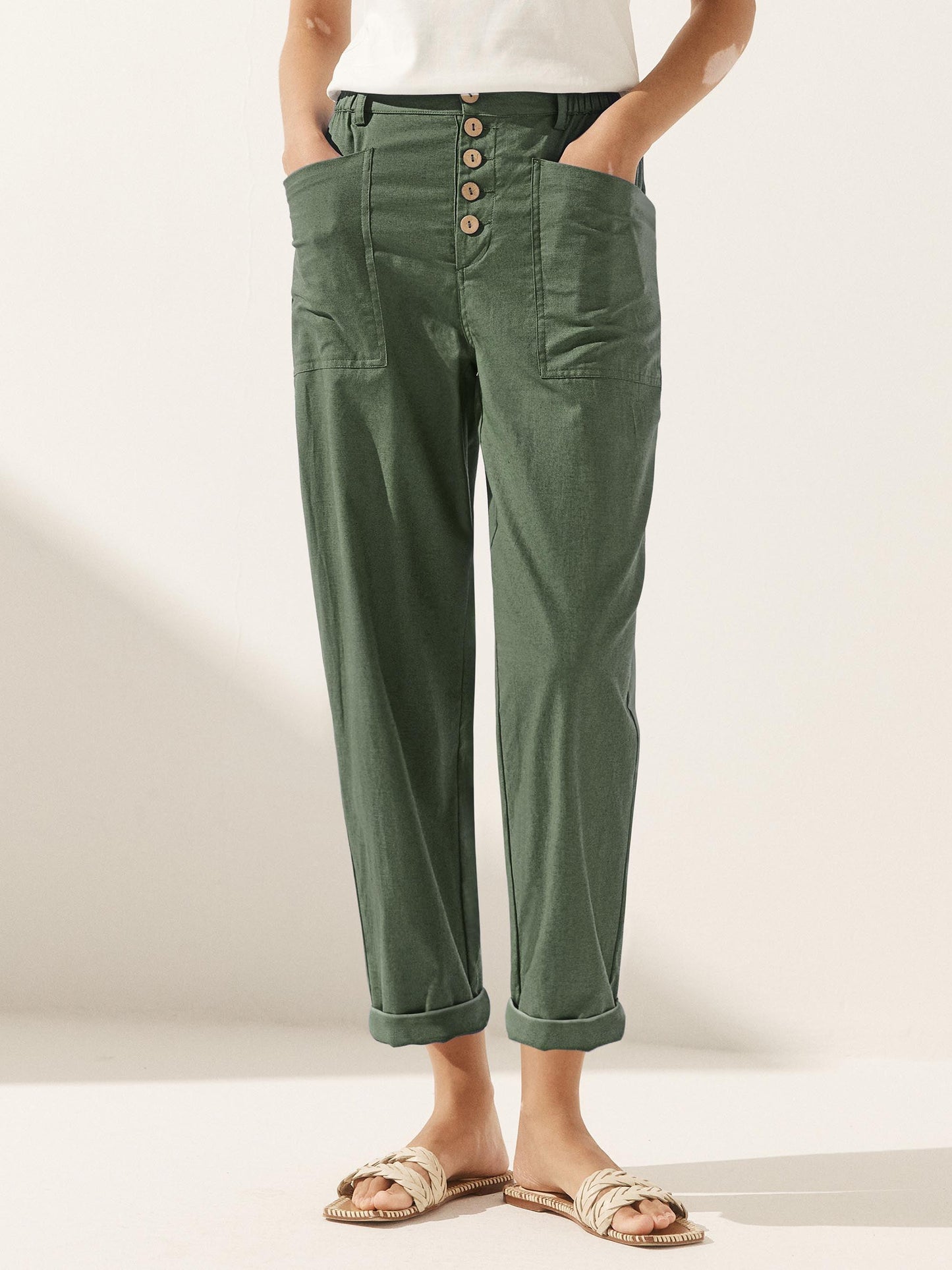 Pantalón mosca de lino con botón simple HEIDI