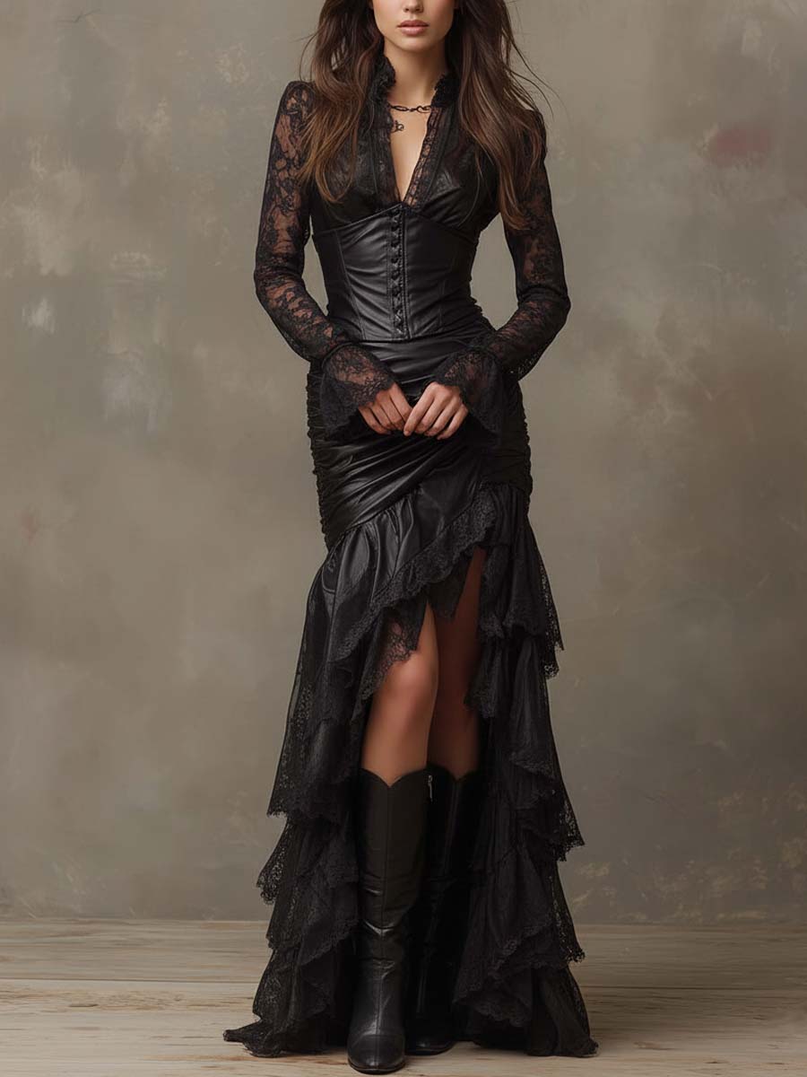 Vestido maxi negro de cuero sintético con corsé y mangas de encaje