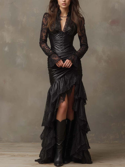 Vestido maxi negro de cuero sintético con corsé y mangas de encaje