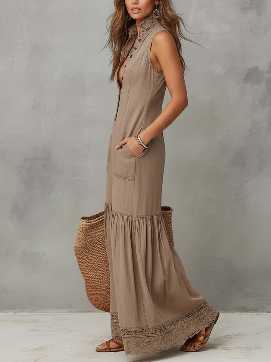 Vestido maxi clásico de algodón 100% caqui sin mangas