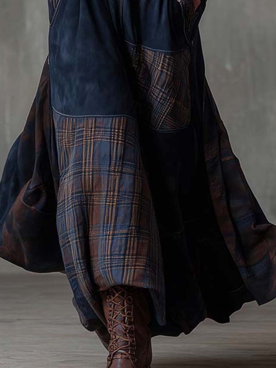 Vestido maxi de gamuza vintage con patchwork y paneles a cuadros