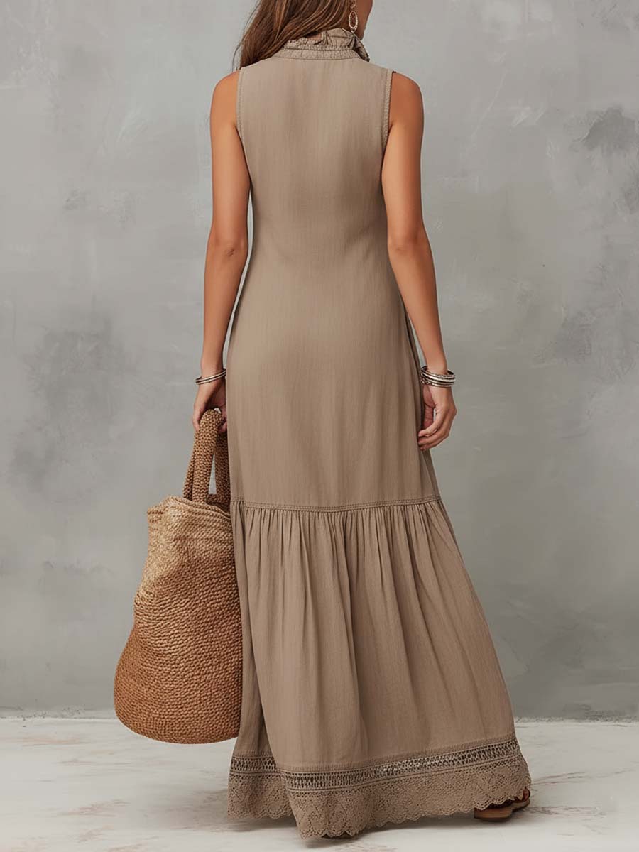 Vestido maxi clásico de algodón 100% caqui sin mangas