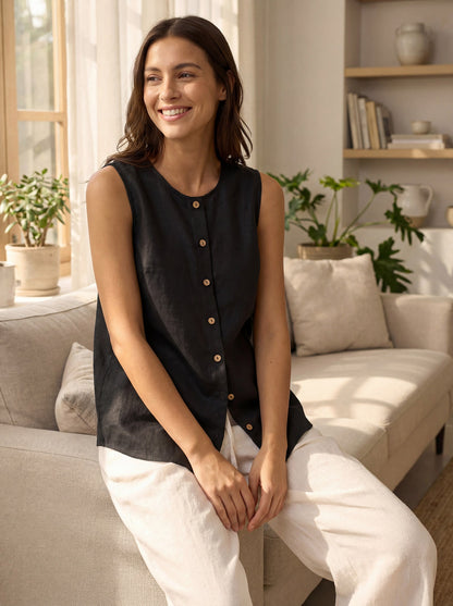 Top de Lino 100% con Botones sin Mangas ERIN