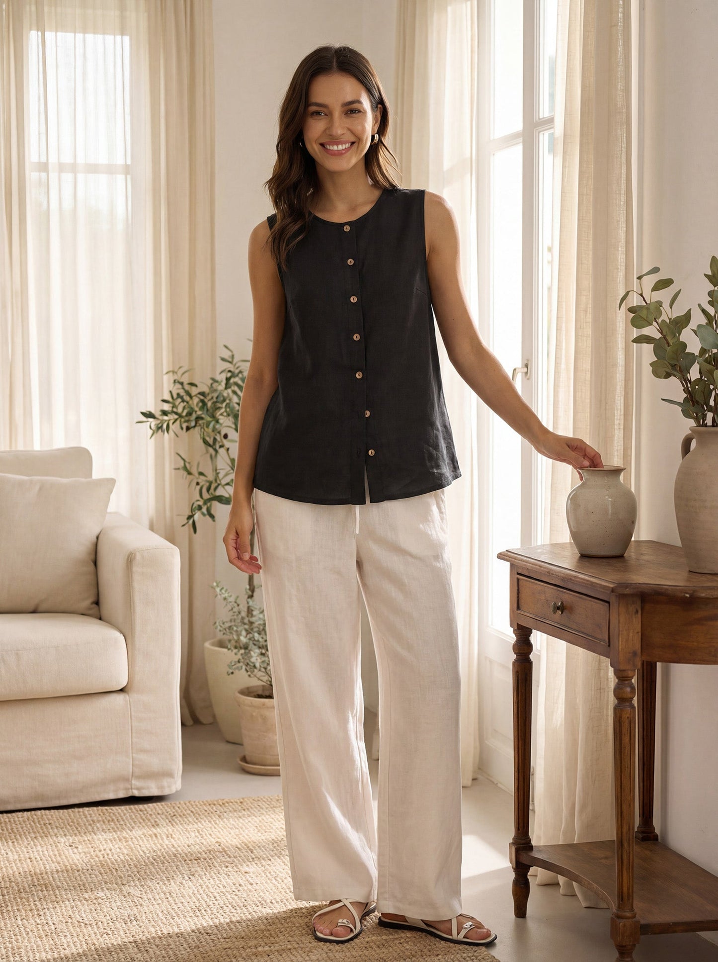 Top de Lino 100% con Botones sin Mangas ERIN