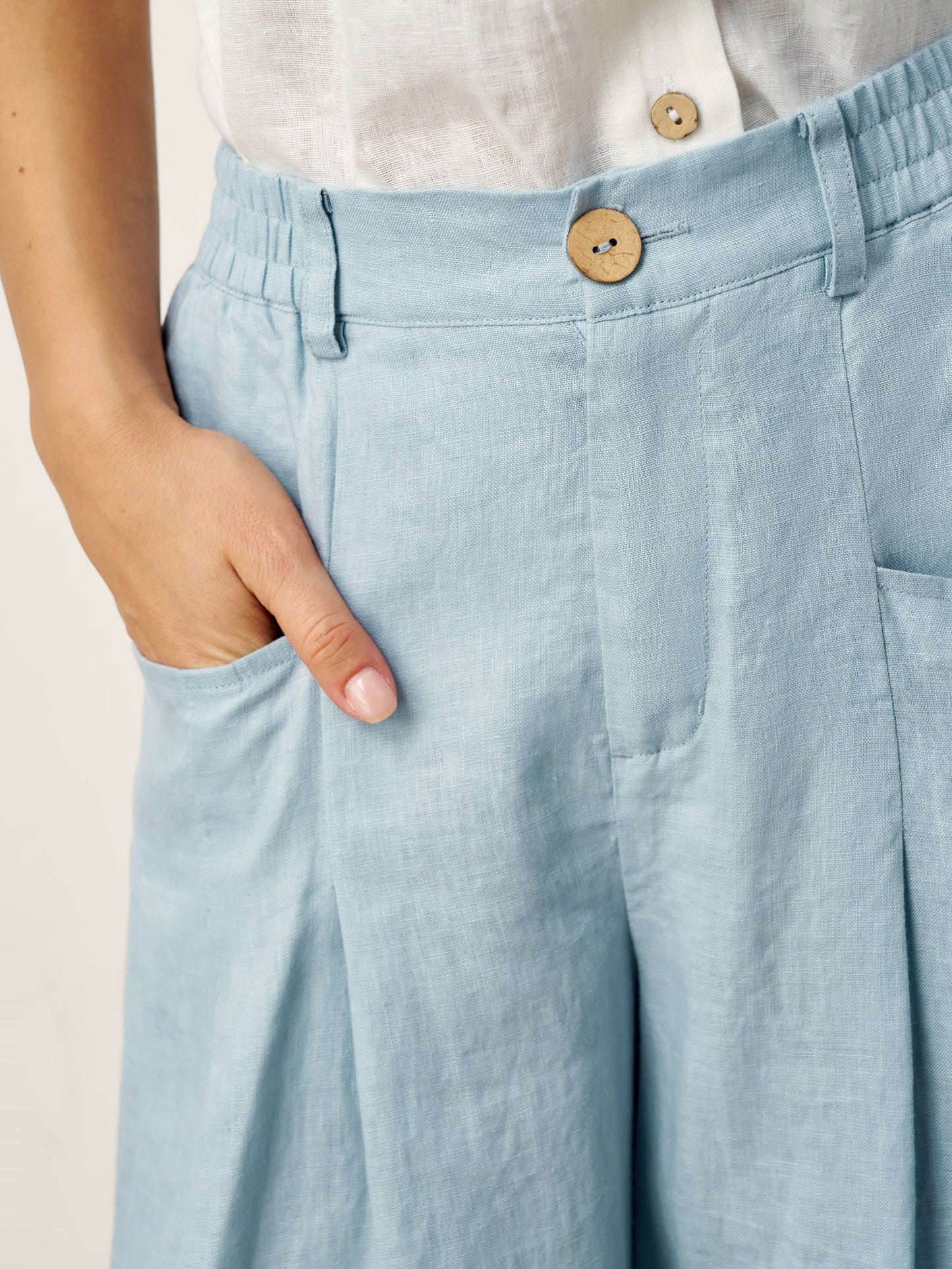 100% Lino Esculpido Pliegue Elástico Espalda Pantalón Relajado Veridiana