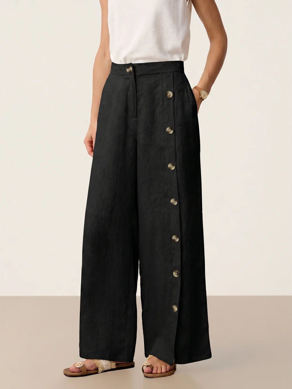 Pantalón con dobladillo de hendidura 100% de lino KATYA
