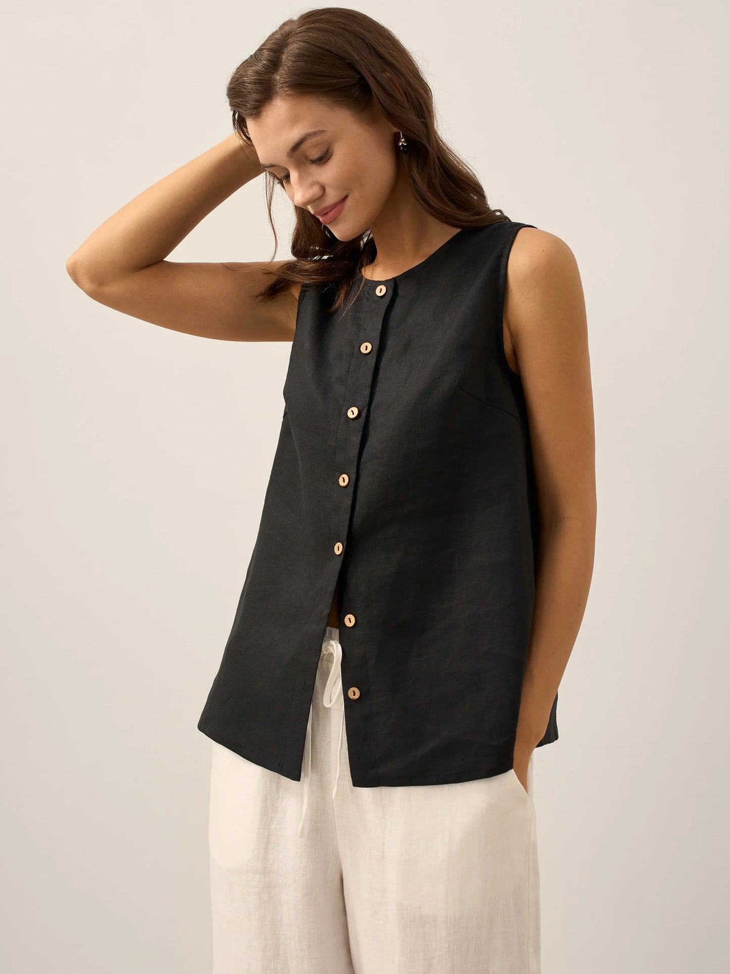 Top de Lino 100% con Botones sin Mangas ERIN