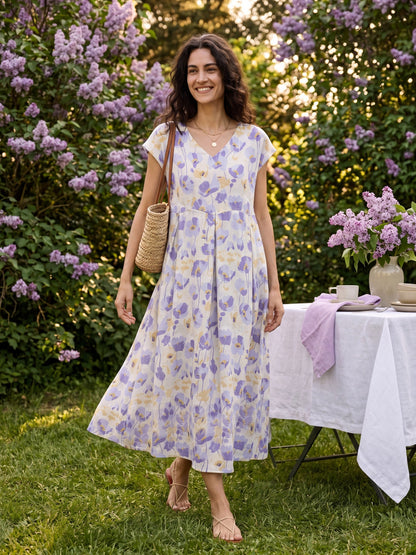 Vestido Maxi de Lino 100% Cintura Festoneada Estampado Claveles HARRIET