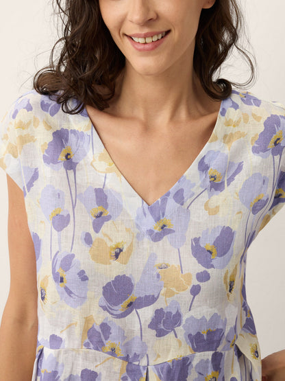 Vestido Maxi de Lino 100% Cintura Festoneada Estampado Claveles HARRIET