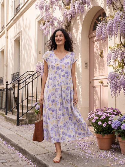 Vestido Maxi de Lino 100% Cintura Festoneada Estampado Claveles HARRIET