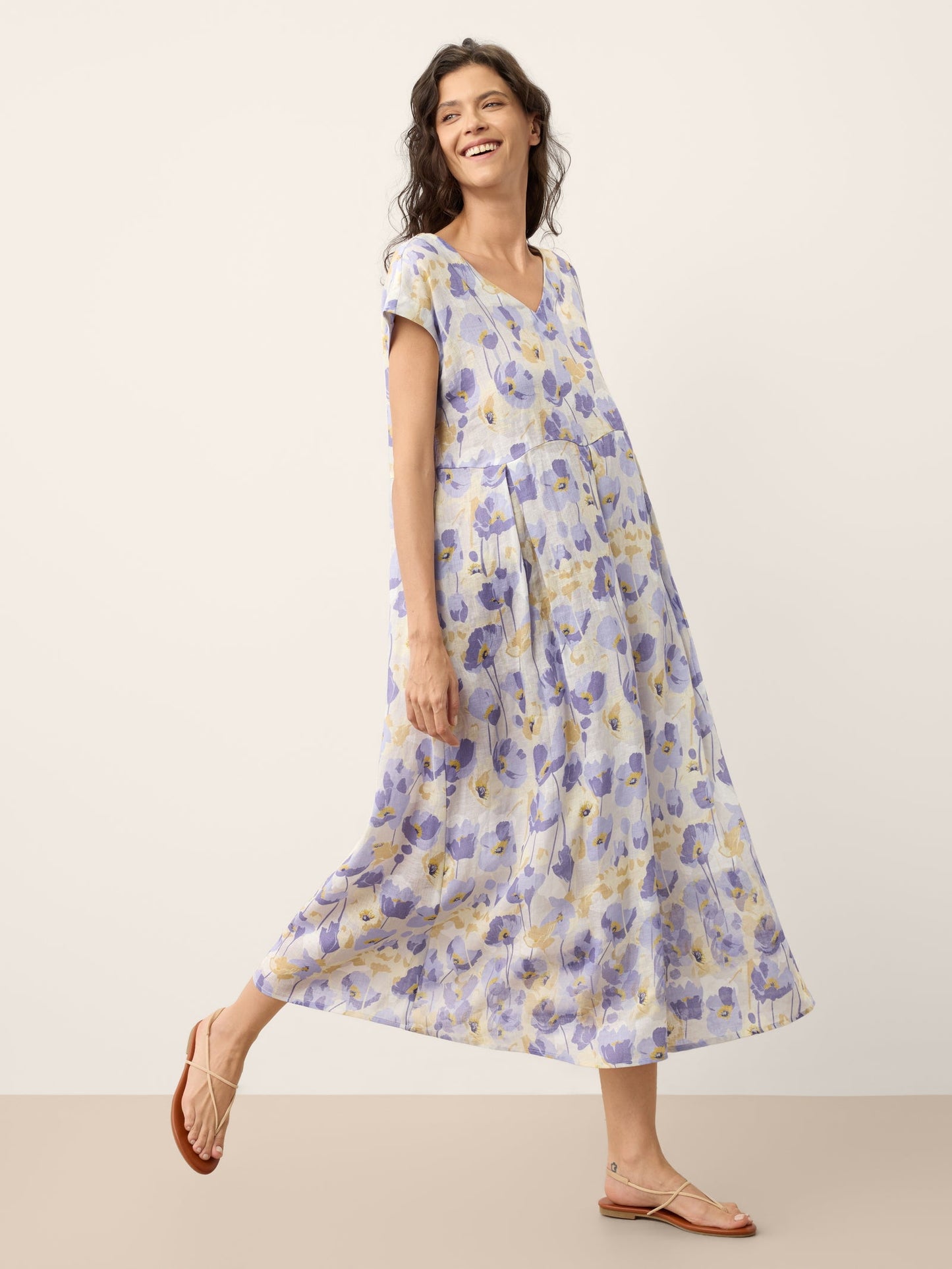 Vestido Maxi de Lino 100% Cintura Festoneada Estampado Claveles HARRIET
