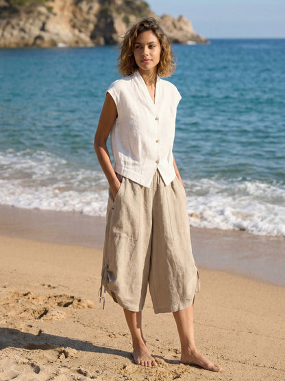 Pantalón de 100% lino con cordón en el dobladillo y cintura elástica con globo CALANTHE