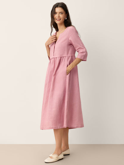 Vestido maxi LUNA 100% de lino con cintura holgada y botones recogidos