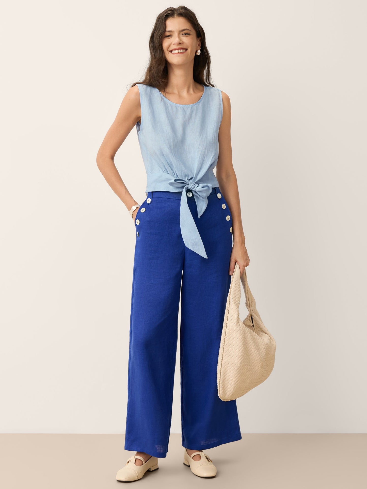 Pantalón de Lino 100% Pierna Ancha con Botones IONE