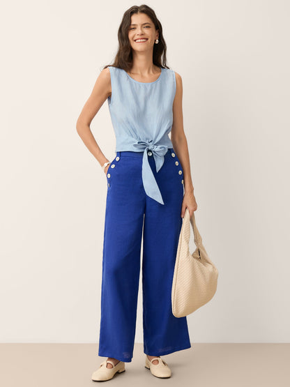 Pantalón de Lino 100% Pierna Ancha con Botones IONE