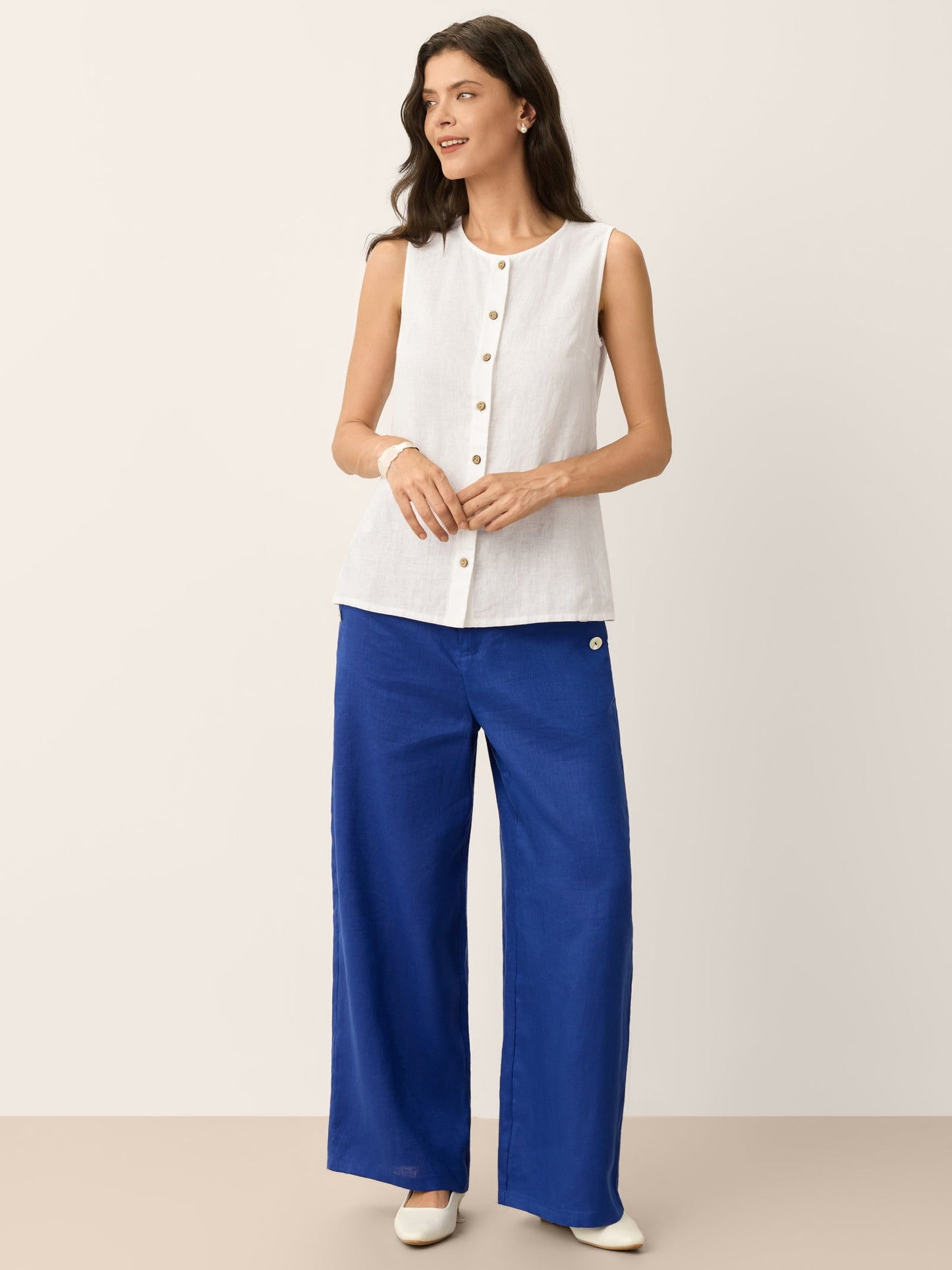 Pantalón de Lino 100% Pierna Ancha con Botones IONE