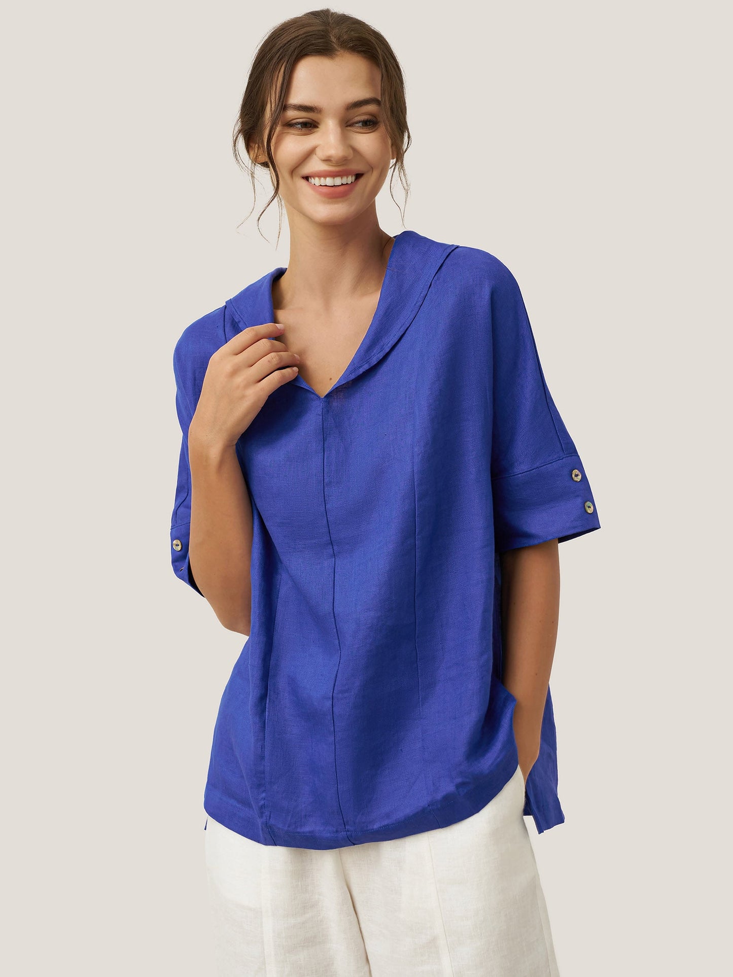 Camisa de Lino 100% Cuello en V Manga Corta SIERRA