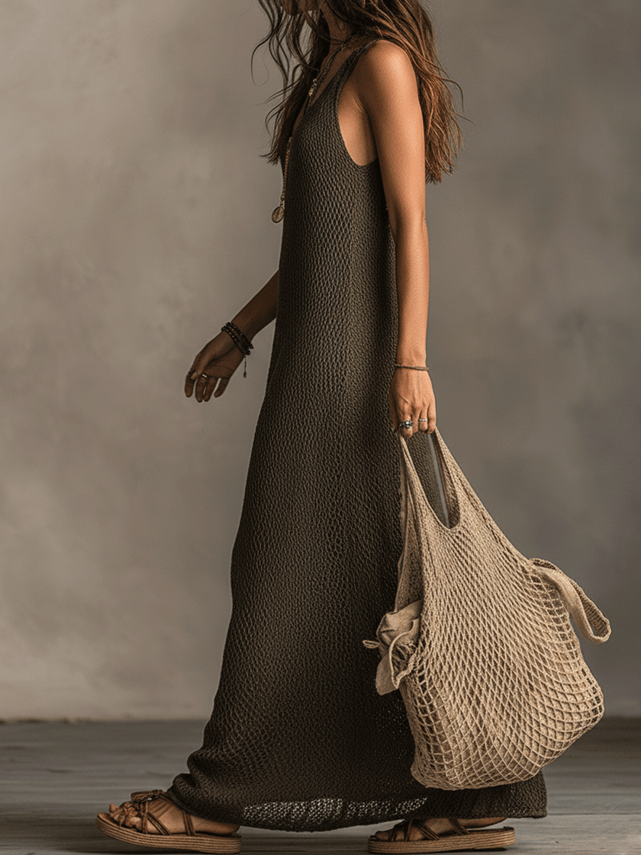 Vestido maxi bohemio de punto verde oliva, de silueta amplia, sin mangas
