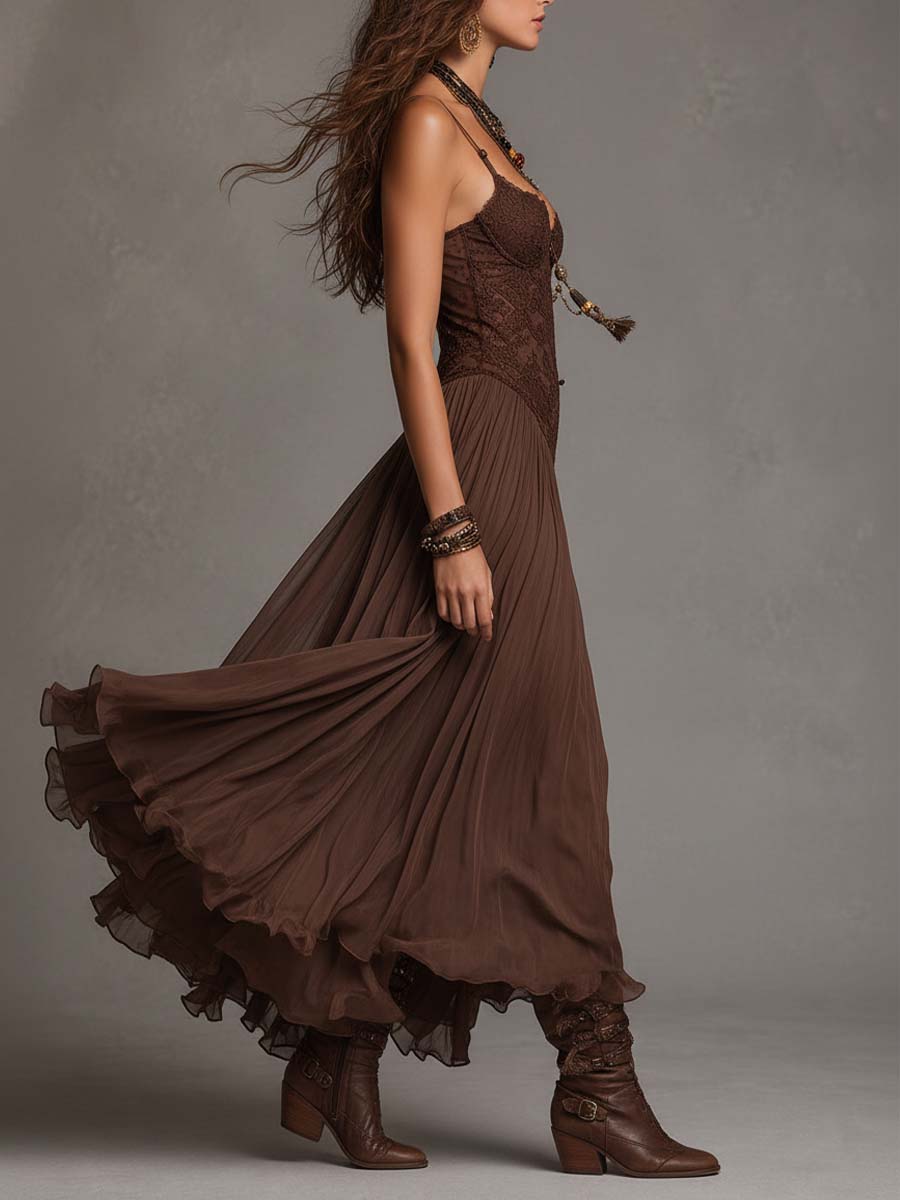 Vestido maxi corsé de encaje y chifón marrón oscuro