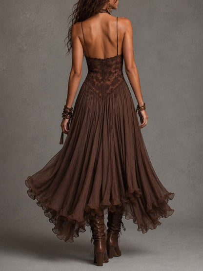 Vestido maxi corsé de encaje y chifón marrón oscuro