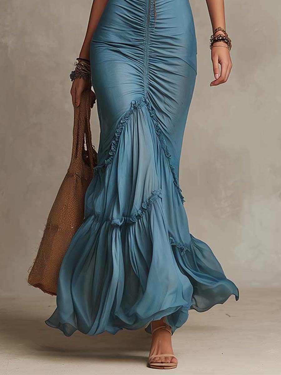 Vestido maxi bohemio de chifón con tirantes finos, fruncido, de corte sirena