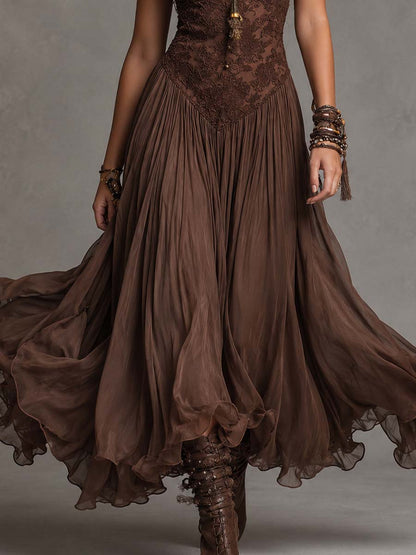 Vestido maxi corsé de encaje y chifón marrón oscuro