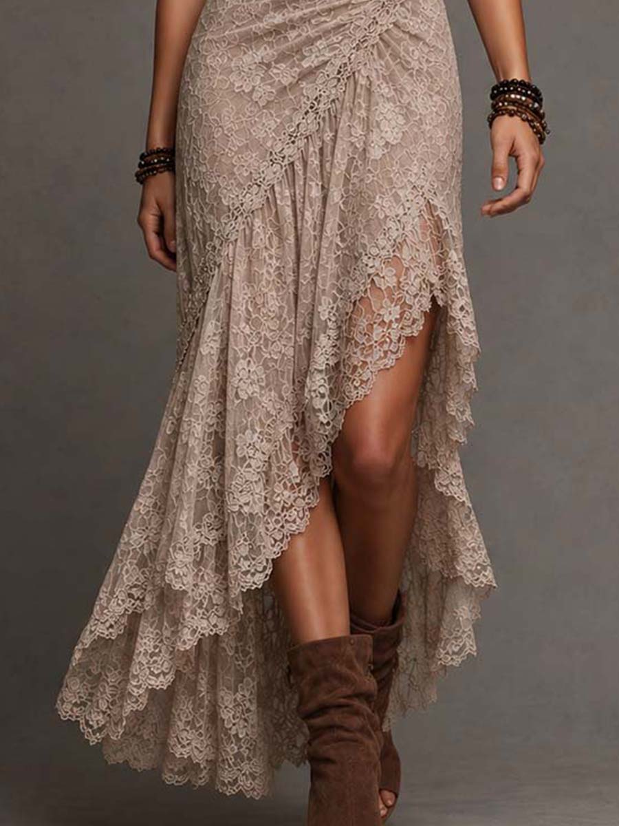 Vestido midi bohemio de encaje taupe con escote halter y dobladillo alto-bajo
