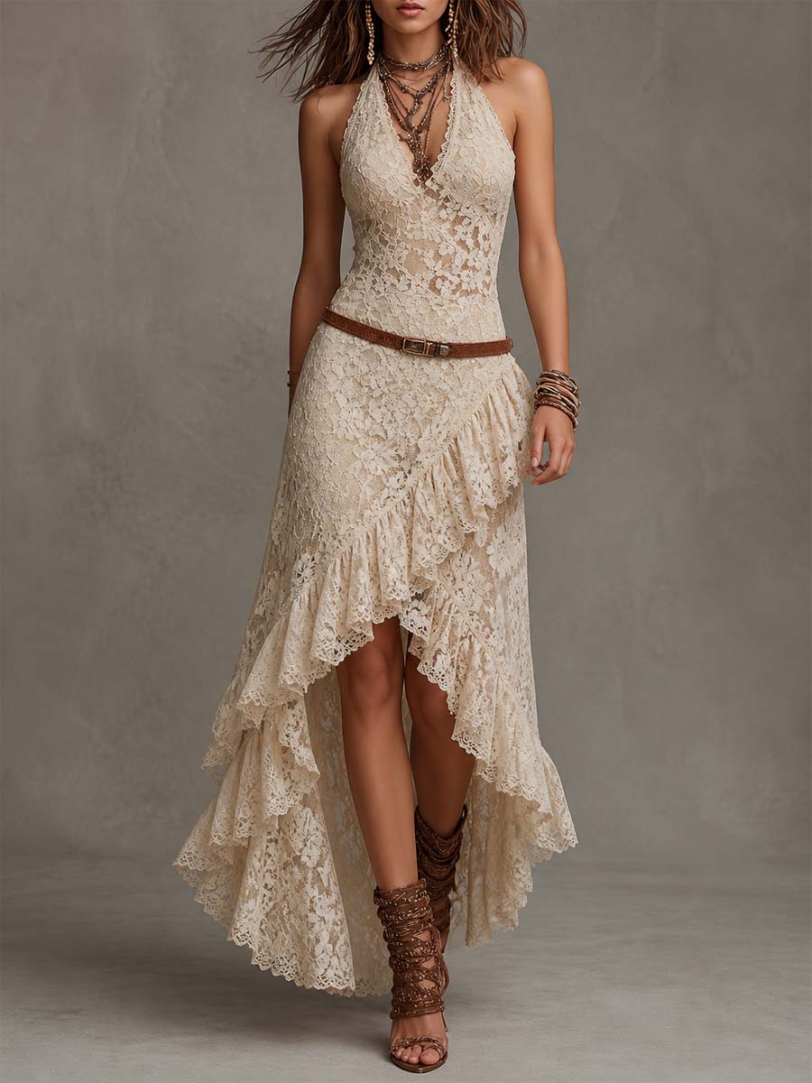 Vestido midi de encaje crema con escote halter y dobladillo alto-bajo vintage