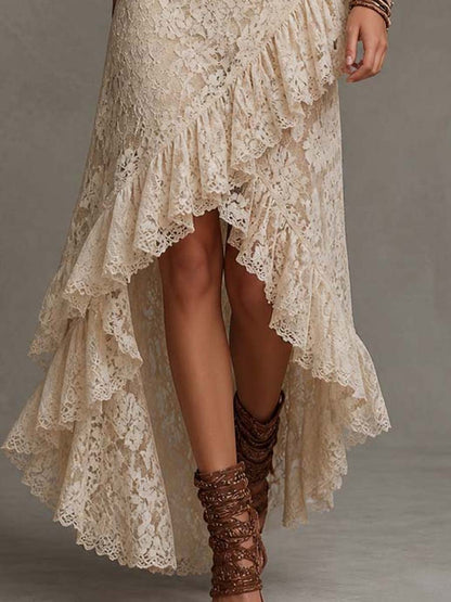 Vestido midi de encaje crema con escote halter y dobladillo alto-bajo vintage