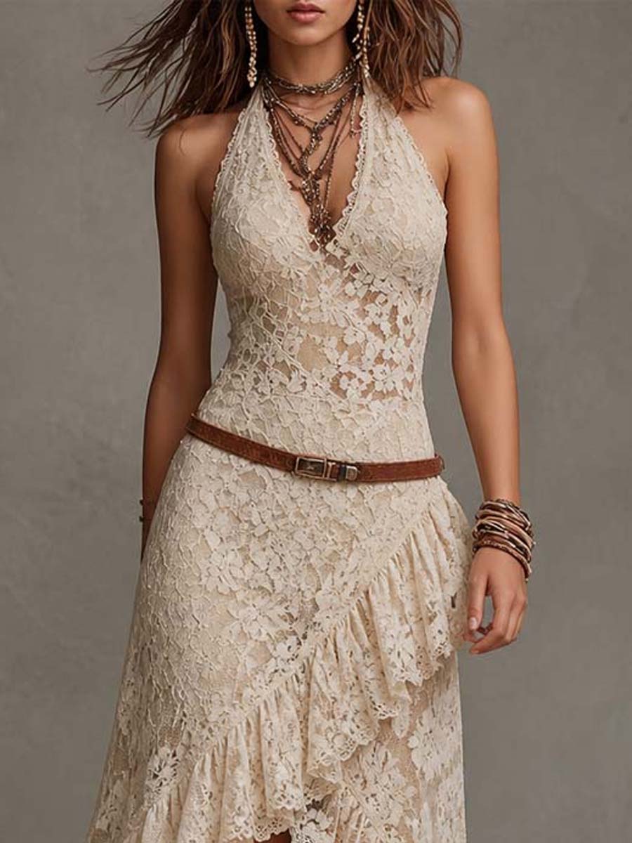 Vestido midi de encaje crema con escote halter y dobladillo alto-bajo vintage