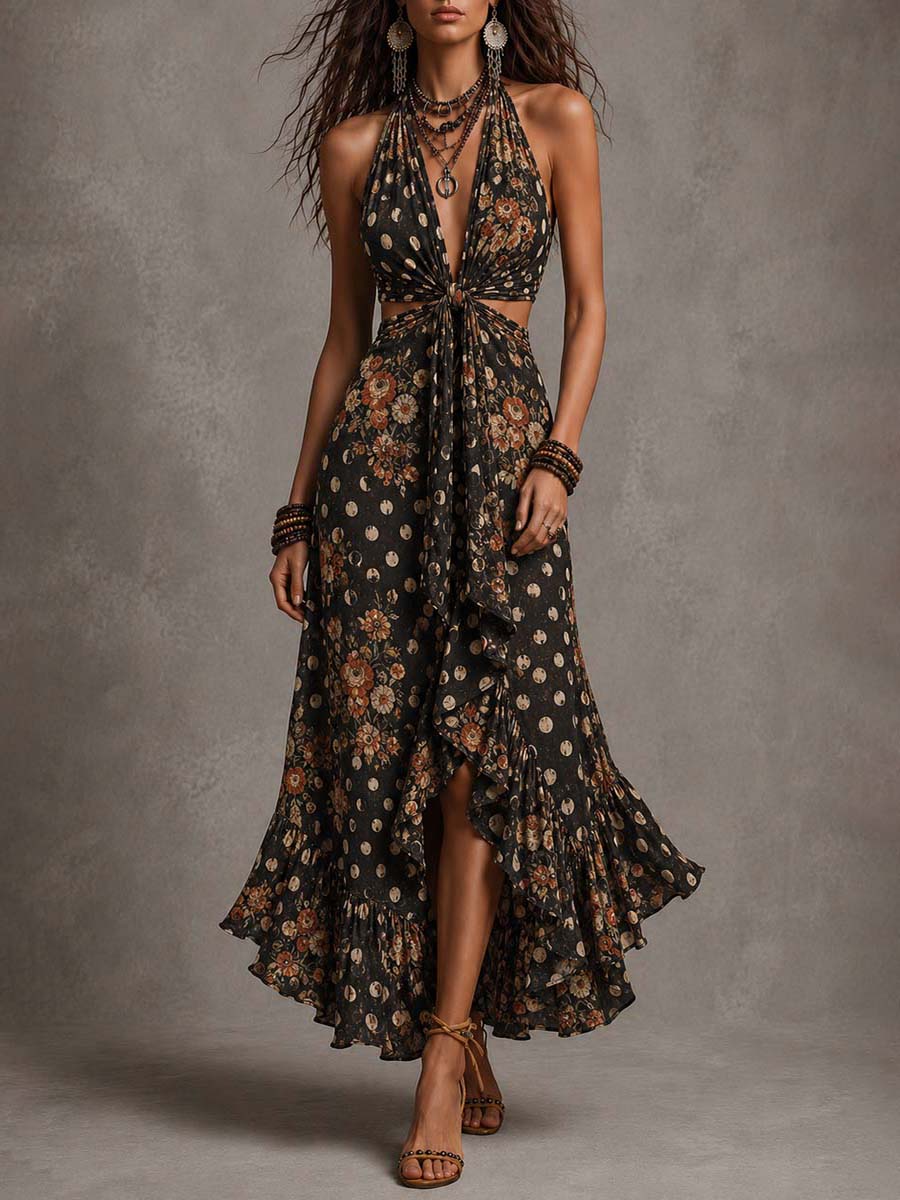 Vestido midi bohemio con estampado floral lunar y escote halter con recortes