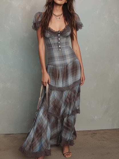 Vestido maxi de chiffon a cuadros retro