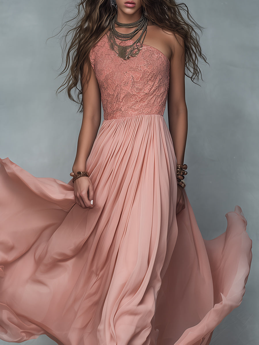 Vestido maxi bohemio de un solo hombro con paneles de encaje, plisado y silueta en A