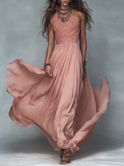 Vestido maxi bohemio de un solo hombro con paneles de encaje, plisado y silueta en A