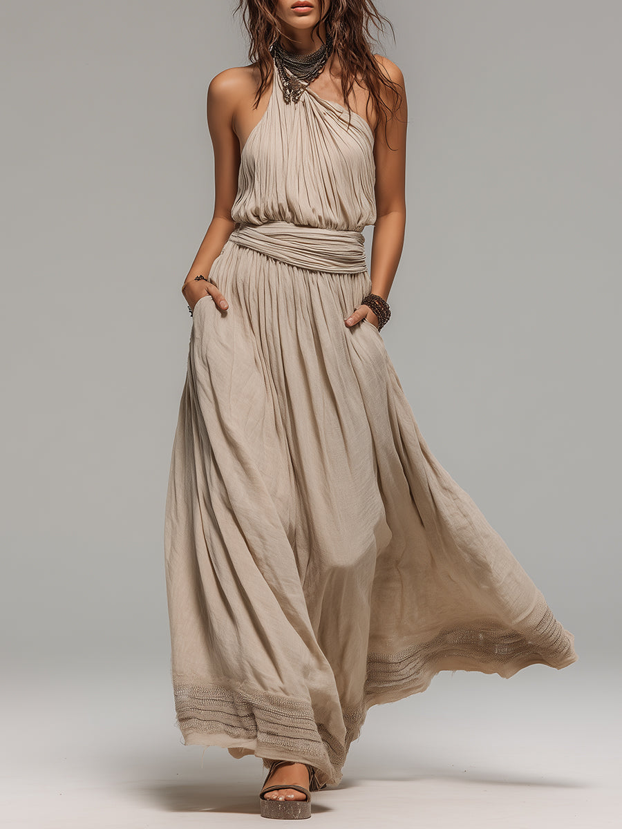 Vestido maxi bohemio de un solo hombro con pliegues y corte en A, con ribete de encaje