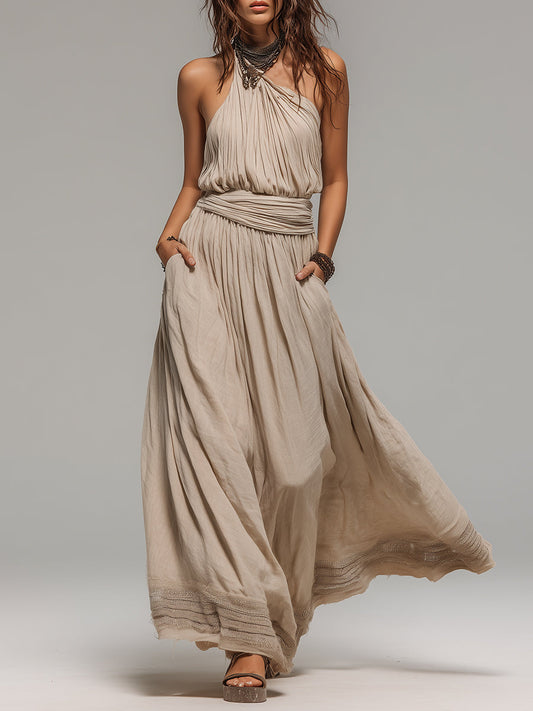 Vestido maxi bohemio de un solo hombro con pliegues y corte en A, con ribete de encaje