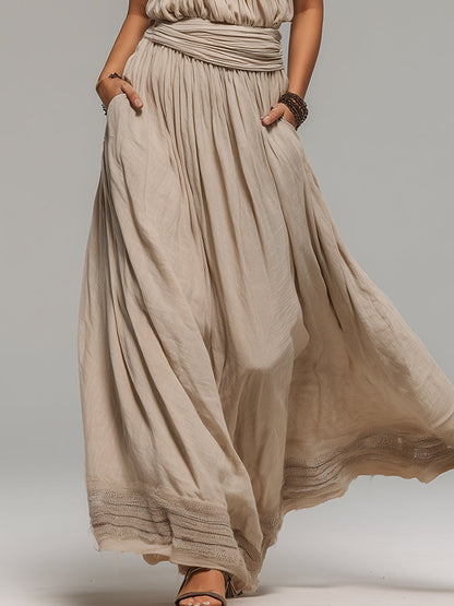 Vestido maxi bohemio de un solo hombro con pliegues y corte en A, con ribete de encaje