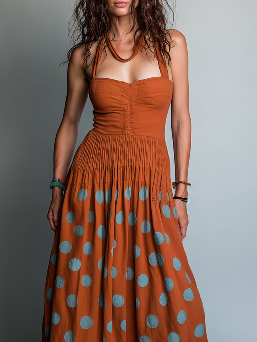 Vestido maxi de corte A con estampado retro de lunares y ribete de encaje