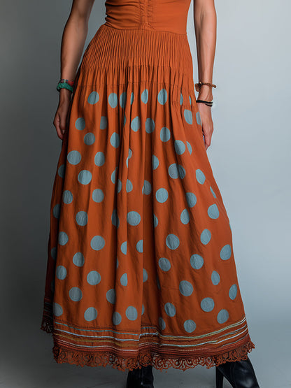 Vestido maxi de corte A con estampado retro de lunares y ribete de encaje