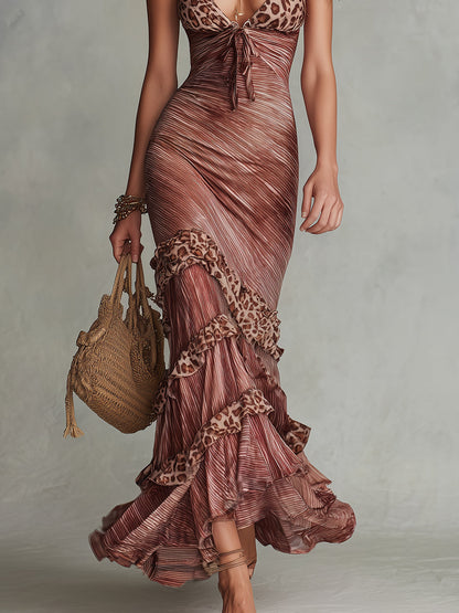 Vestido maxi sin mangas bohemio con estampado de leopardo y volantes