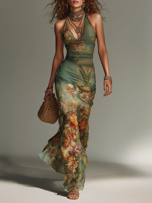 Vestido maxi de malla ajustado con estampado floral de pintura al óleo, estilo retro